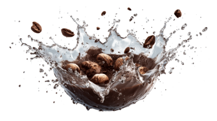 Coffee beans splash energetically in a bowl of liquid