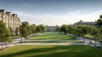 Obraz premium Elegant University Campus Green with Historic Buildings and Symmetrical Walkways under Clear Blue Sky