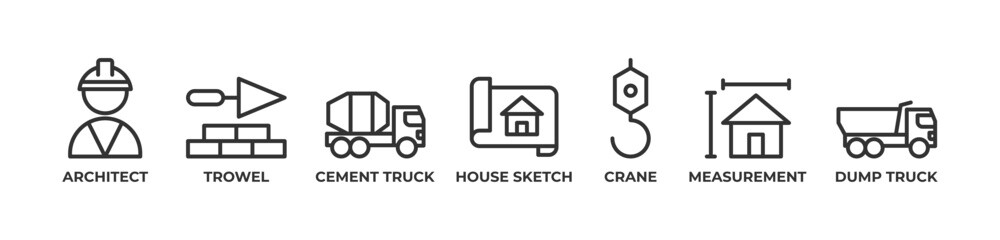 Architecting Construction Icons set vector illustration outline with Architect, Trowel, Cement truck, House sketch, Crane, Measurement, Dump truck