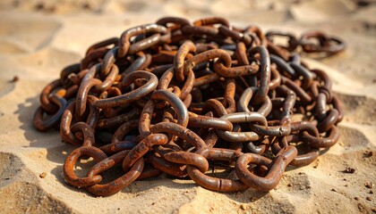 Rusty metal chains on sand