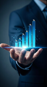 Dynamic blue bar graph showing growth percentages projected from an open hand, symbolizing financial success and investment.