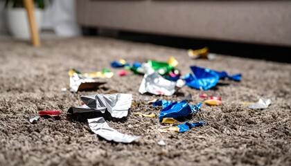 Scattered candy wrappers on carpet