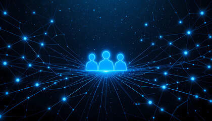 Glowing network connecting three figures with blue nodes and lines on a dark background design