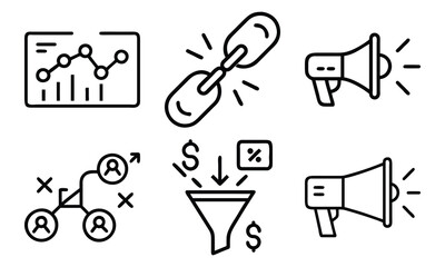 Marketing and Business Line Icons 6 Vector Icons for SEO Link Building, Sales Funnel, Promotion, Analytics, Customer Targeting and Digital Advertising