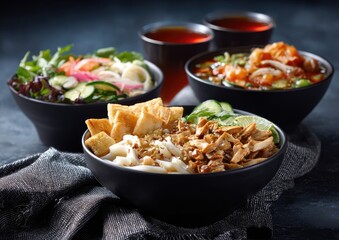 Asian cuisine bowls with various dishes