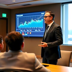 Professional Man in a Suit Giving a Presentation in a Conference Room with a Graph Display on a Large Screen