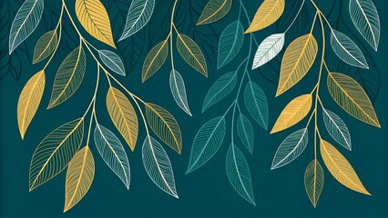 Decorative background with gold white and blue leaves on branches against a dark teal backdrop
