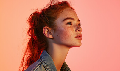 Portrait of young woman with red hair against gradient background studio photography calm atmosphere side view beauty concept