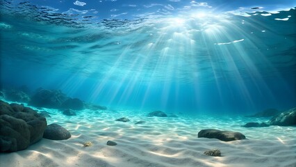 Underwater scene with sunlight filtering through the water onto a sandy seabed and scattered rocks