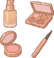 Pixel art beauty products including foundation, palette, and eyeliner