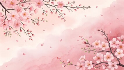 Watercolor painting of cherry blossom branches with falling petals on a pink background design art