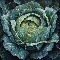 Obraz premium Fresh Green Cabbage with Water Droplets on Leaf Surface