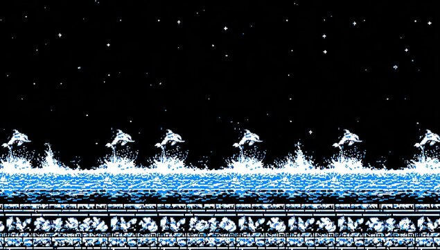 Pixel art of dolphins leaping in a night sky