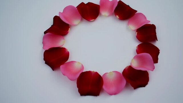 Elegant rose petals circle with delicate pink and rich red tones on white backdrop