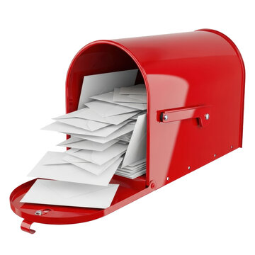 A bright red mailbox with its door open is overflowing with a large stack of white envelopes. This vivid illustration suggests high volume mail, communication, or delivery.