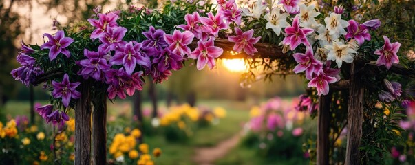 Lily cotton under arbor crown concept. A beautiful floral arch at sunset in a serene garden.