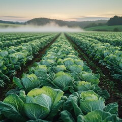 Fototapeta premium Fresh Cabbage Field with Lush Green Leaves at Sunrise in Nature