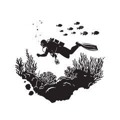 Cartoon vector illustration of a scuba diver exploring the ocean floor