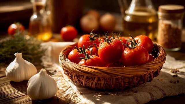 Fresh tomatoes in a basket with garlic on rustic wooden table  