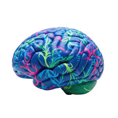 A vibrant, abstract human brain model featuring intricate patterns in blue, pink, and green, symbolizing creativity, thought, and mental health.