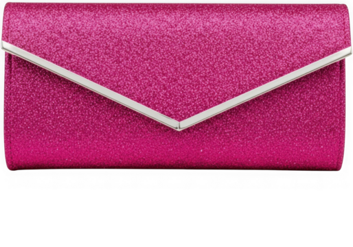 Pink glitter clutch bag with silver trim isolated on transparent background