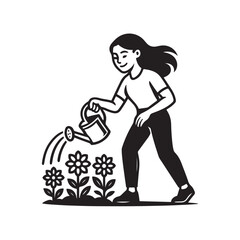 Artistic cartoon vector of a woman watering flowers. The illustration features a simple and charming design with clean lines and soft colors