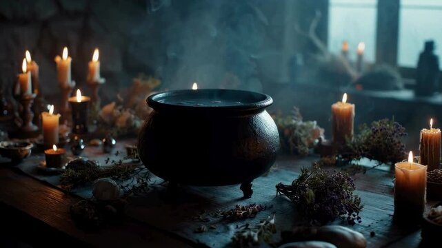 Ritual cauldron surrounded by candles and herbs in dimly lit room  