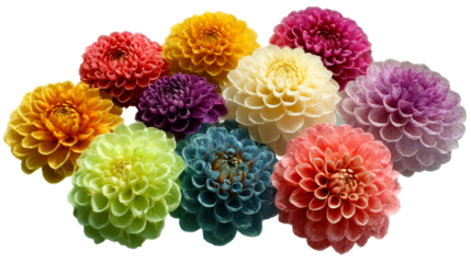Colorful dahlia flowers arranged beautifully on transparent background