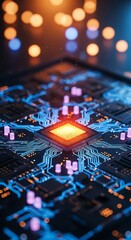 Obraz premium Illuminated Microchip Circuit Board with Glowing Core for Futuristic Technology and Innovation Visualization