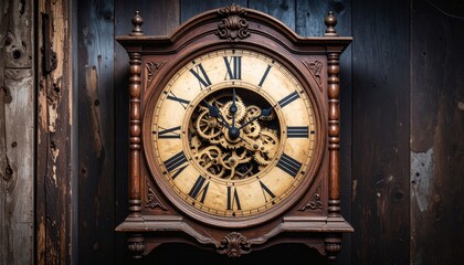Vintage wooden wall clock with visible gears