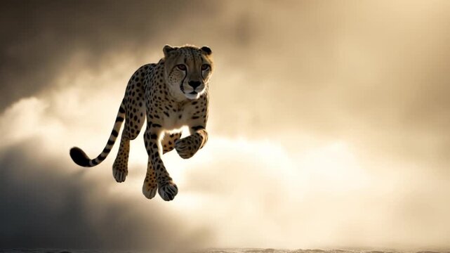 Cheetah in mid-leap, desert sunrise