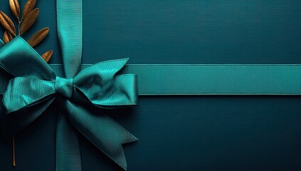 Teal ribbon bow atop dark teal background with golden sprig