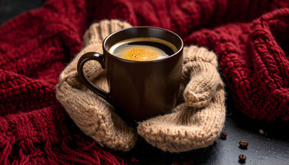 Warm coffee in knitted mittens