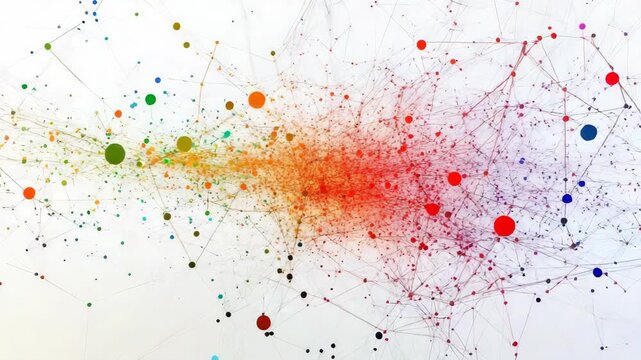 Abstract network of colorful interconnected dots and lines on white background
