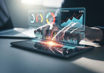 Visualize business growth and analyze data with modern digital analytics on a tablet interface