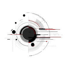 Naklejka premium Abstract circular design with concentric rings, lines, and bursts of color. Dark gray and white shapes layered over one another creating an intricate, dynamic pattern