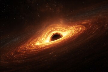 Dramatic black hole with accretion disk and stars in deep space.