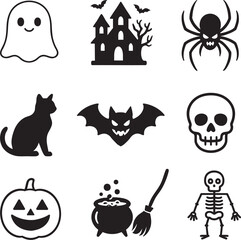 Adorable Halloween icon collection featuring ghost, haunted house, spider, bat, skull, black cat, pumpkin, witch broom, cauldron, and skeleton. Perfect for stickers or party invites.