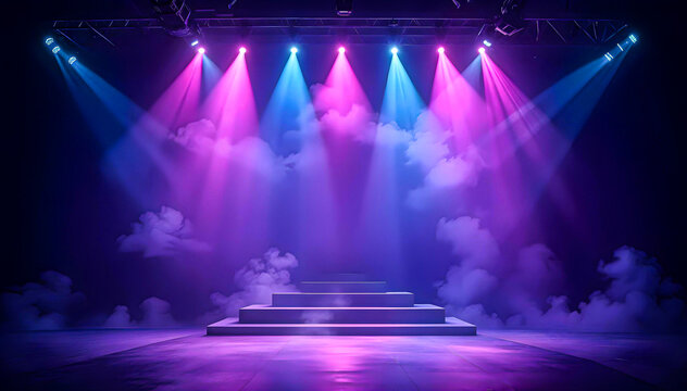 A symmetrical stage background with purple and blue neon lights, smoke effects, and light rays — like a concert or award show setup.