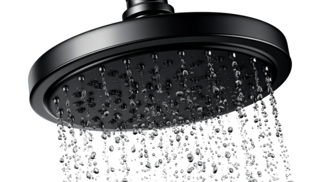 Modern black showerhead with water flowing continuously