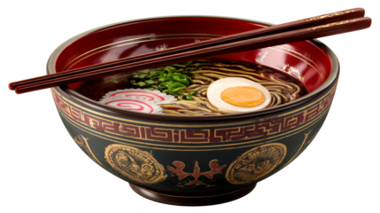 Delicious bowl of ramen with toppings and chopsticks on side