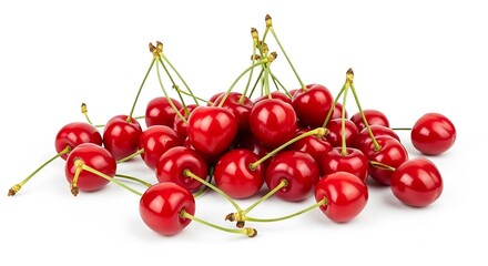 A Bountiful Pile of Lustrous Red Cherries with Green Stems Isolated on a White Background.