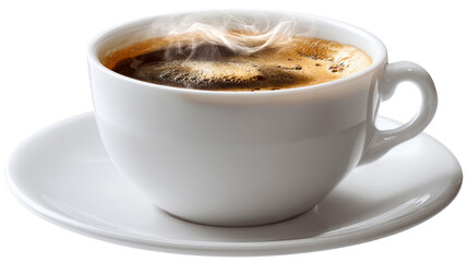 Steaming cup of coffee on a white saucer with transparent background