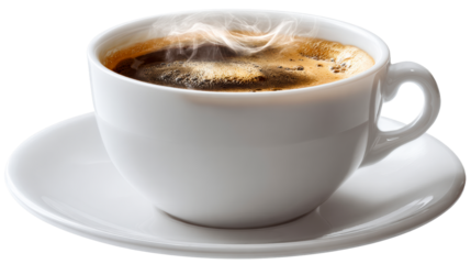 Steaming cup of coffee on a white saucer with transparent background