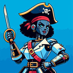 vector illustration of woman pirate captain robot