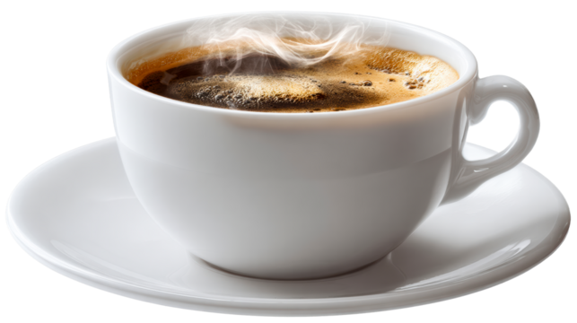 Steaming cup of coffee on a white saucer with transparent background - Powered by Adobe