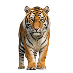 A powerful bengal tiger stands facing forward, showcasing its striking orange and black stripes and piercing eyes. Ideal for wildlife, nature, or animal conservation themes.
