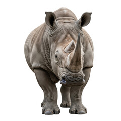 Obraz premium A powerful white rhinoceros stands directly facing the camera, highlighting its imposing size, distinctive horn, and textured skin. Ideal for wildlife, nature, or conservation themes.