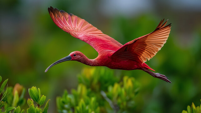 Scarlet Ibis in Flight: A striking scarlet ibis soars gracefully through the air, its vibrant plumage a captivating sight against a backdrop of lush greenery, showcasing nature's artistry in motion. - Powered by Adobe