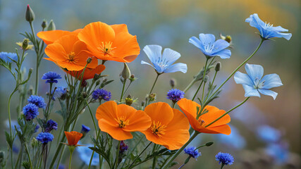 Obraz premium Beautiful orange poppies and blue flax flowers in a summer meadow floral bloom botanical garden nature scene